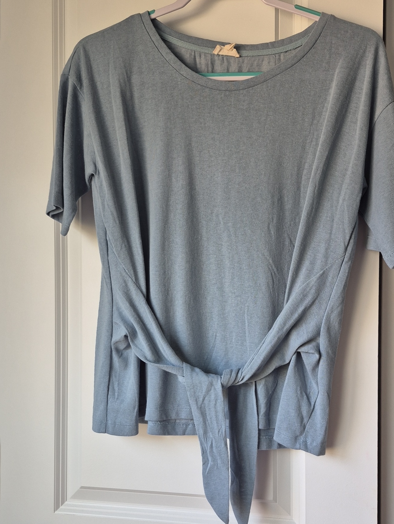Hem & Thread Blue Tie-Front Short Sleeve Top | Size L Tie Can Be Adjusted